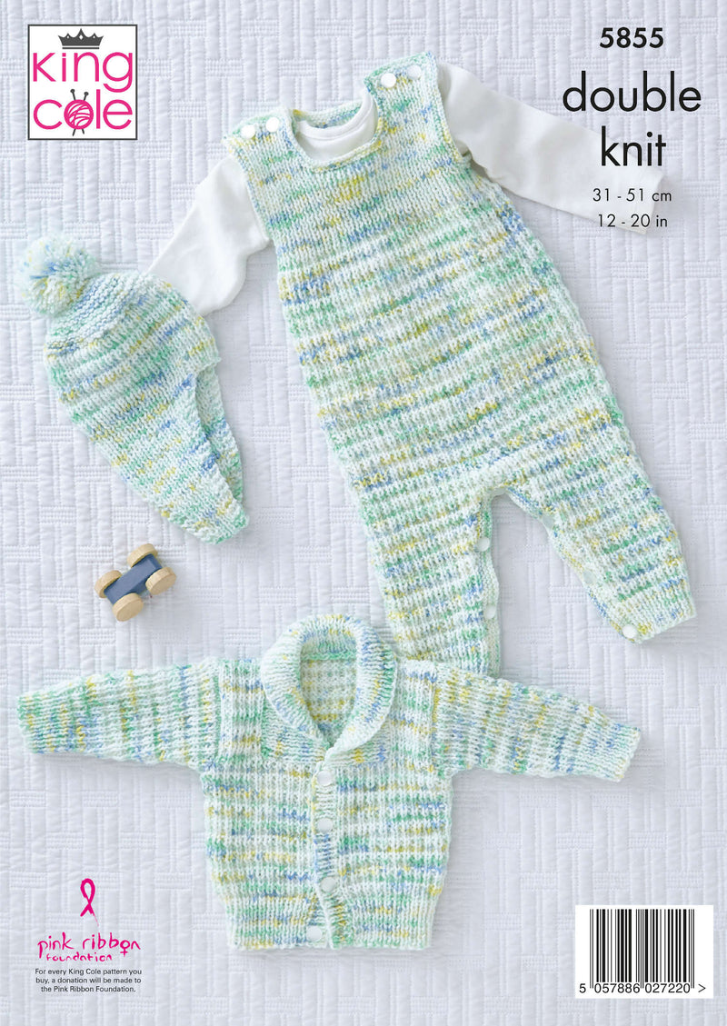 King Cole 5855 DK Baby Knitting Pattern - Dungarees, Jacket and Hat (Prem - 12mnths)