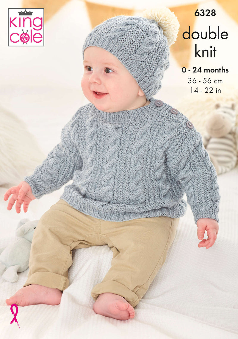 King Cole 6328 Double Knitting Pattern - Baby Sweater, Sleeveless Top & Hat (0-2yrs)