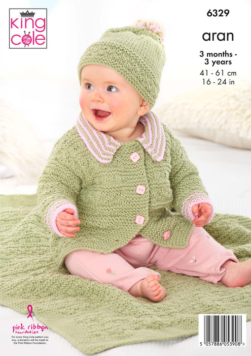 King Cole 6329 Aran Baby Knitting Pattern - Jacket, Hat, Hooded Top & Blanket  (3mnths-3 yrs)
