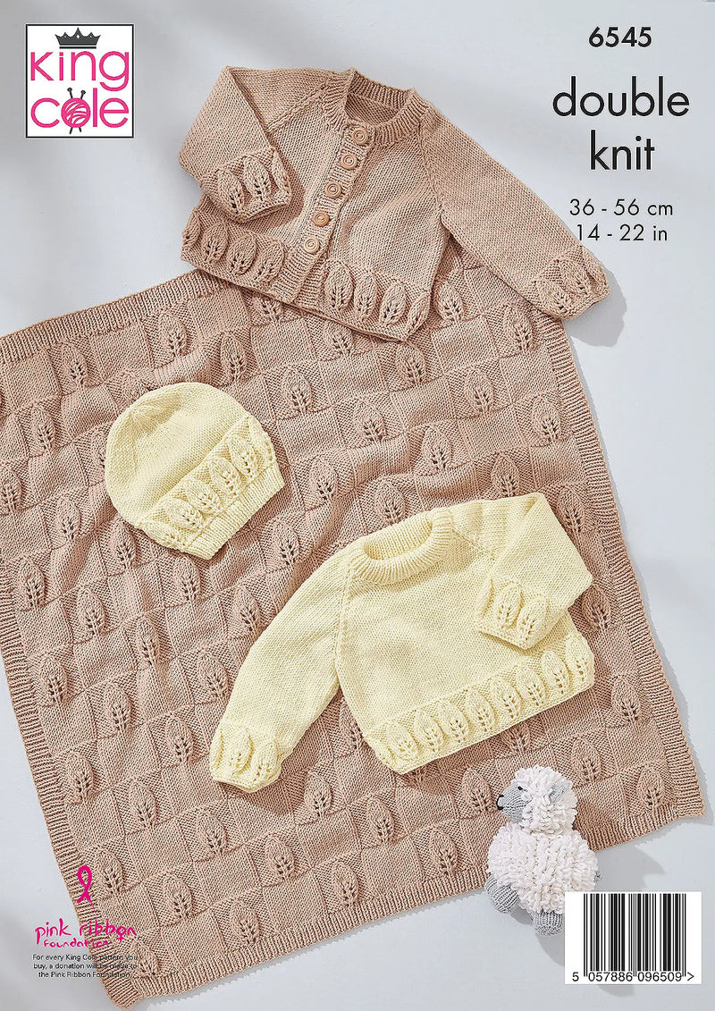 King Cole 6545 Baby Leaf Detail Cardigan, Sweater, Hat & Blanket Knitting Pattern DK (14-22in)