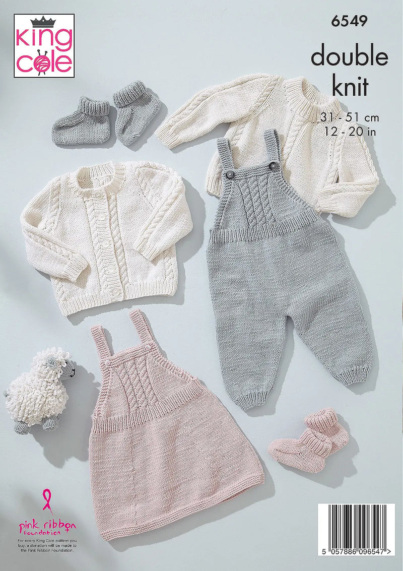 King Cole 6549 Knitting Pattern for DK Baby Dungarees, Pinafore, Sweater, Cardigan & Bootees (12-20in)