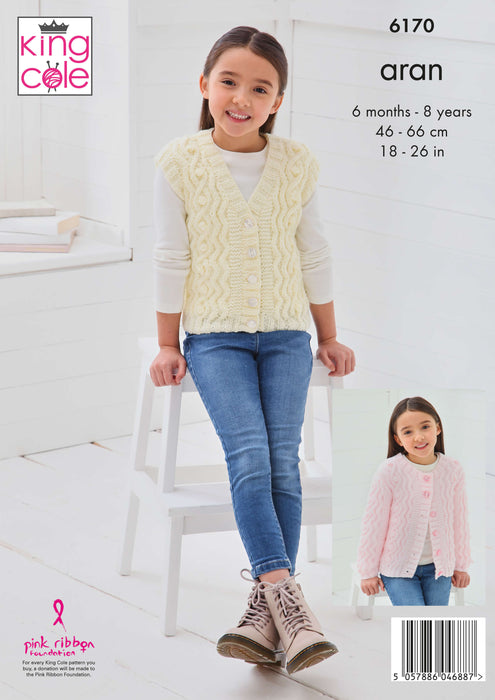 King Cole 6170 Aran Knitting Pattern - Sweater, Cardigan & Waistcoat for Babies & Children (6mnths-8yrs)