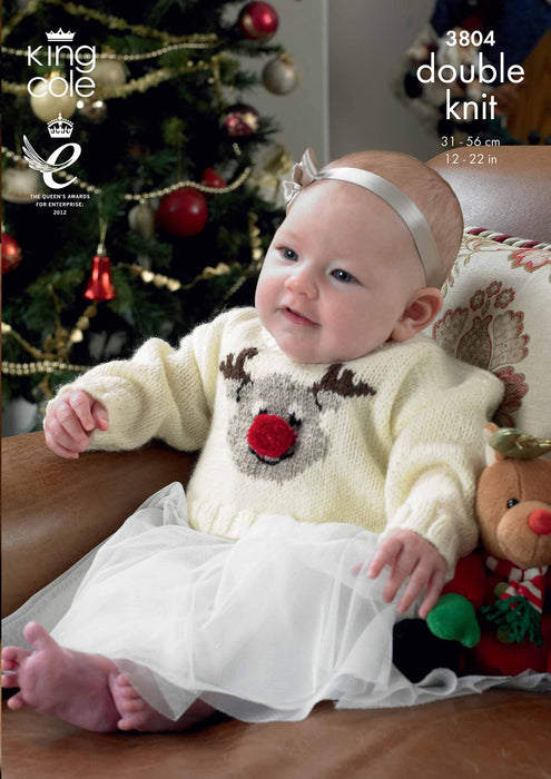 King Cole 3804 Double Knitting Pattern for Baby Christmas Sweaters (12-22in)