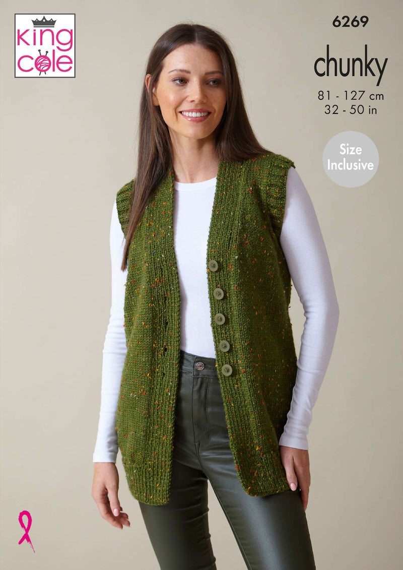 King Cole 6269 Chunky Knitting Pattern - Ladies Capped Sleeve Cardigan & Waistcoat (32-50in)