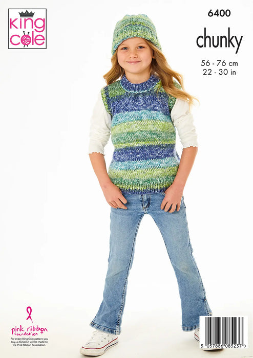 King Cole 6400 Chunky Knitting Pattern - Girls Poncho, Slipover & Hats