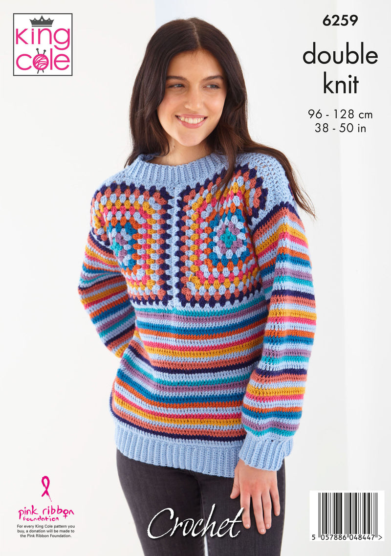 King Cole 6259 CROCHET Pattern - Ladies Granny Square Jumper & Hoodie (38-50in)