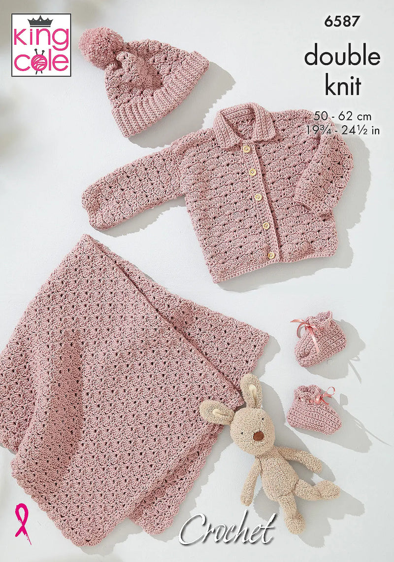 King Cole 6587 Baby Crochet Cardigan, Blanket, Hat & Bootees DK Pattern (0–18 Months)