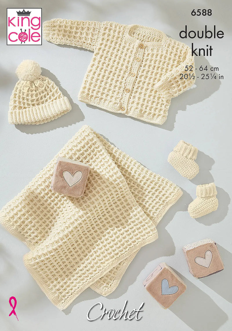 King Cole 6588 Baby CROCHET Cardigan, Blanket, Hat & Bootees DK Pattern (0-18 Months)