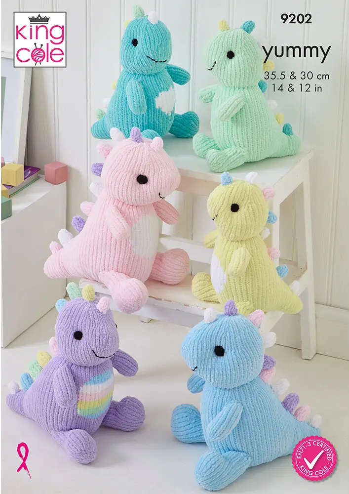 King Cole 9202 Knitting Pattern - Cuddly Dinosaurs Knitted in Yummy