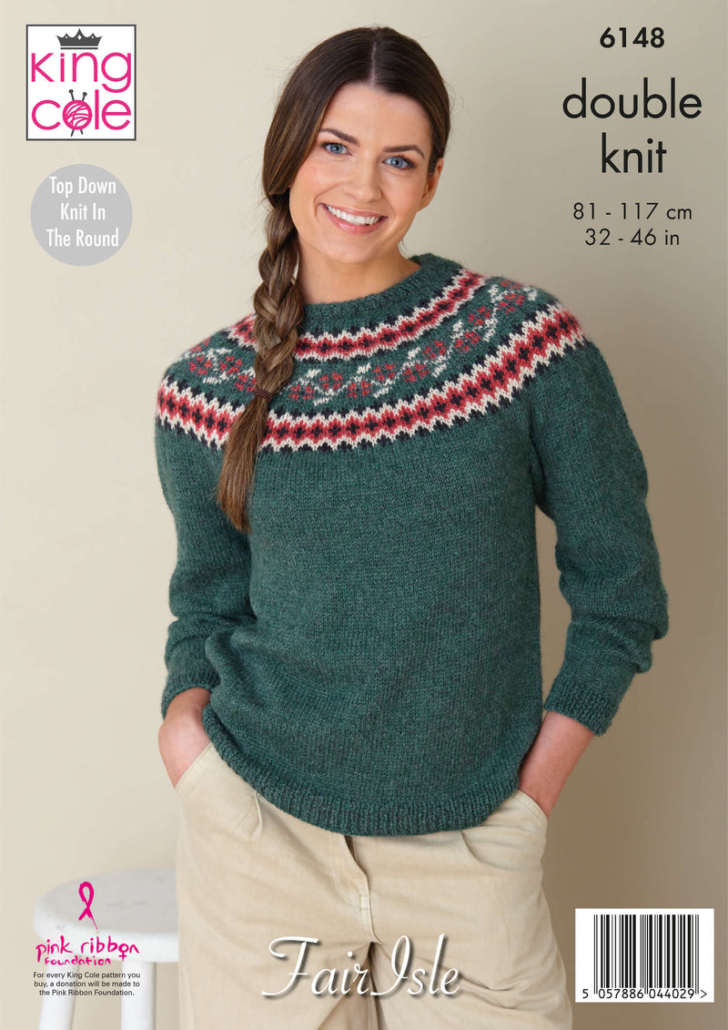 King Cole 6148 DK Knitting Pattern - Ladies Fair Isle Sweaters (32-46 in)