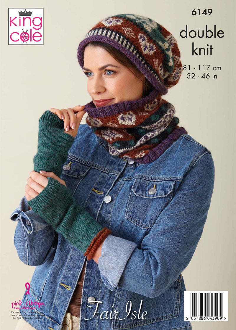 King Cole 6149 DK Knitting Pattern - Ladies Fair Isle Sweater, Hat, Cowl & Handwarmers (32-46in)