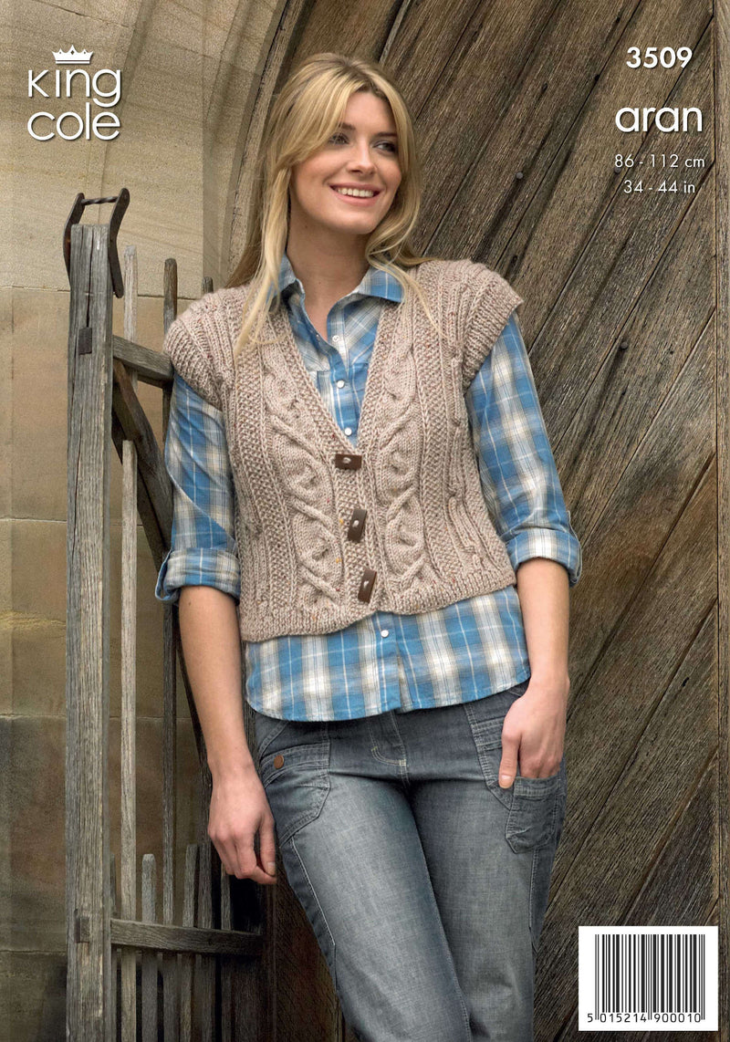 King Cole 3509 Aran Knitting Pattern - Ladies Cardigan & Gilet (34-44in)