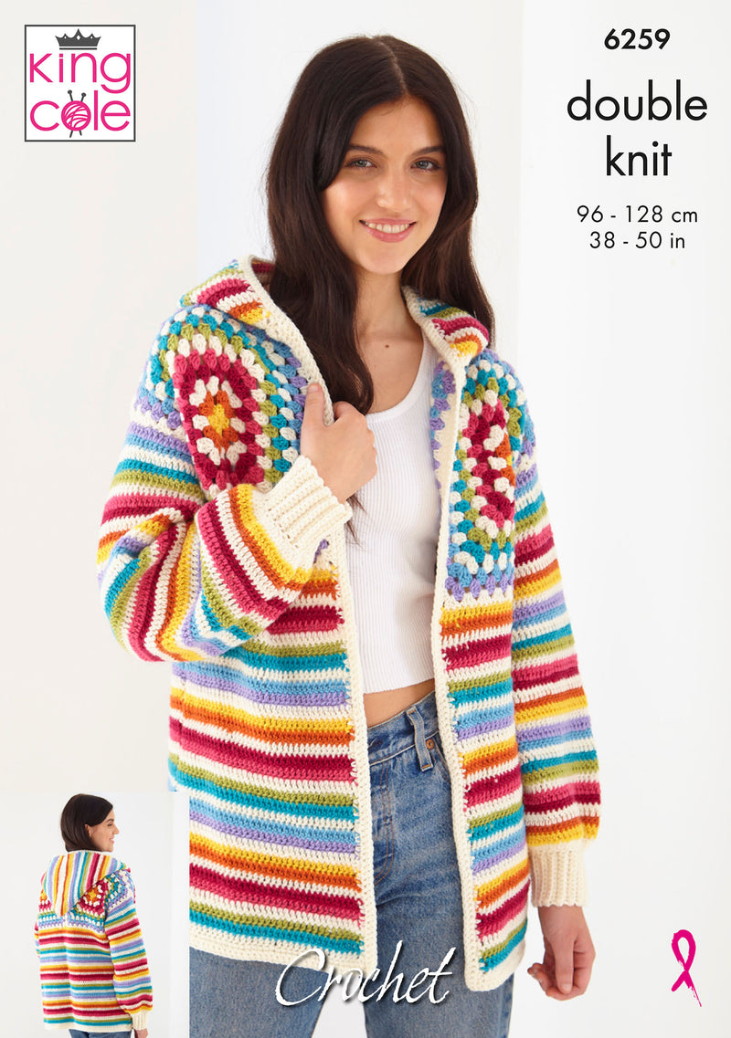 King Cole 6259 CROCHET Pattern - Ladies Granny Square Jumper & Hoodie (38-50in)