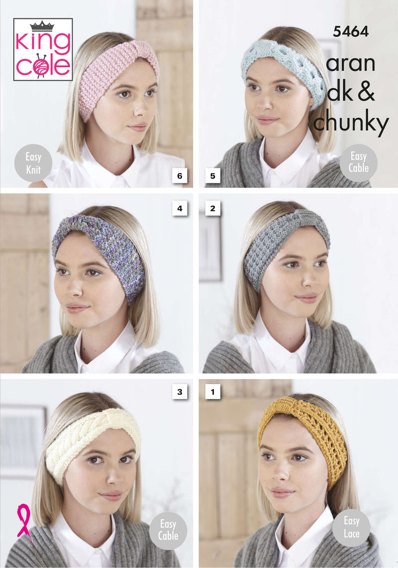 King Cole 5464 Knitting Pattern -  Easy Knit Ladies Headbands - 6 Styles (DK, Aran & Chunky)