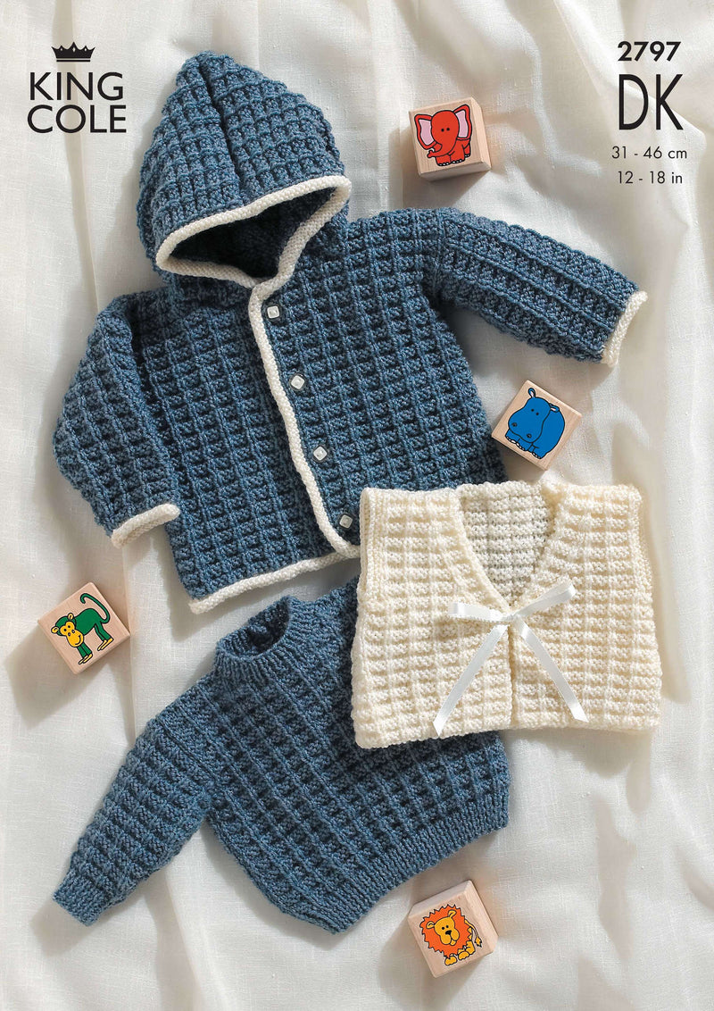 King Cole 2797 DK Knitting Pattern - Baby Jacket, Sweater & Gilet (12-18 in)