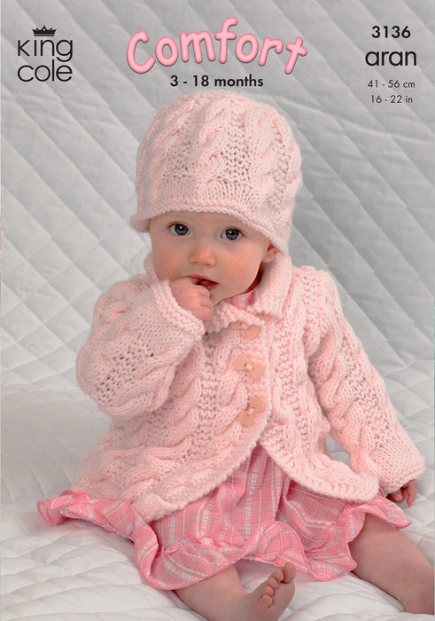 King Cole 3136 Aran Baby Knitting Pattern - Coat, Dress, Sweater & Hat (3-18mnths)