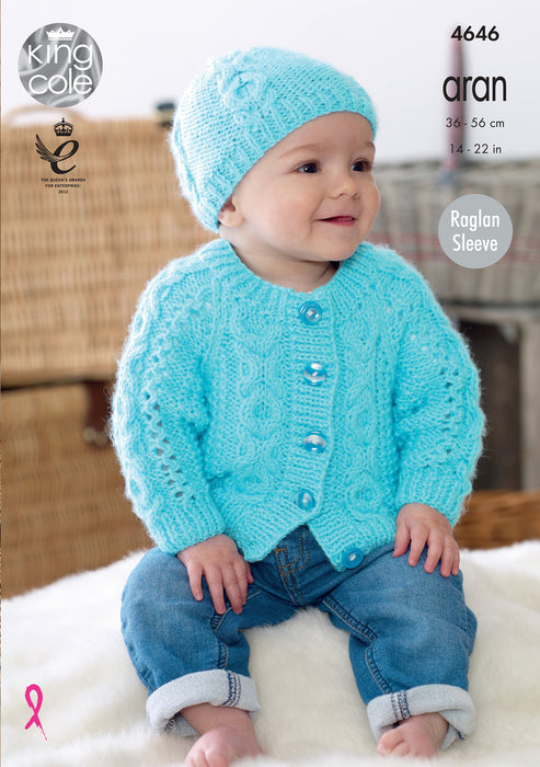 King Cole 4646 Baby Sweater, Cardigan, Hat, Scarf & Bootees Aran Knitting Pattern (14-22in)