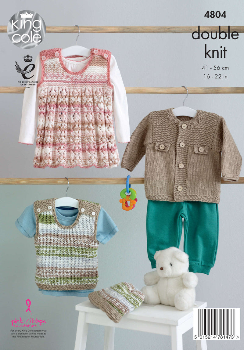King Cole 4804 DK Knitting Pattern - Jacket, Pinafore Dress, Tank Top & Hat (3mnth to 3 yrs)