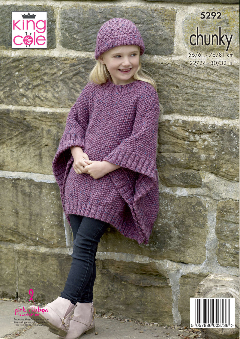 King Cole 5292 Chunky Knitting Pattern - Girls Tabbard & Hat (22/24-30/32in)