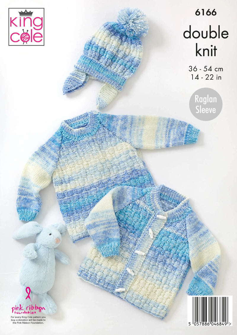 King Cole 6166 Double Knitting Pattern - DK Baby Sweaters, Jacket & Hat (0 - 2 yrs)