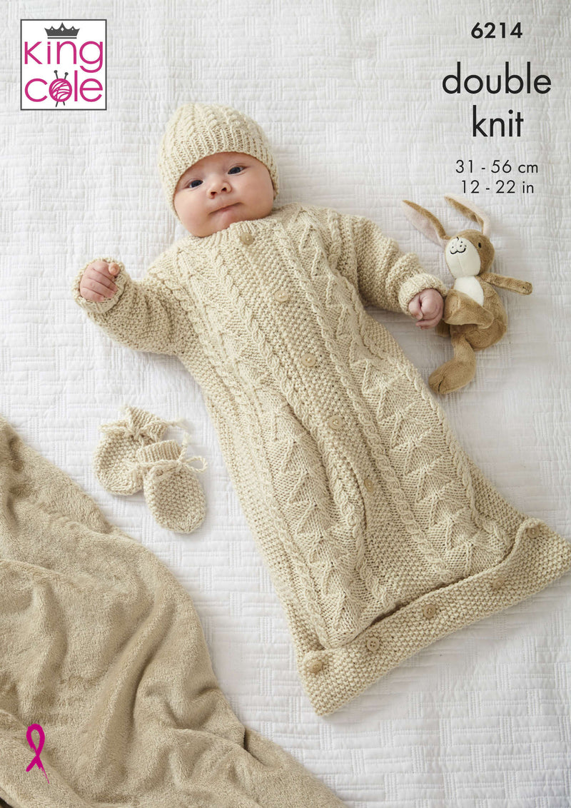 King Cole 6214 Knitting Pattern - Babies Sweater, Sleeping Bag, Mittens and Hats (Prem to 2yrs)