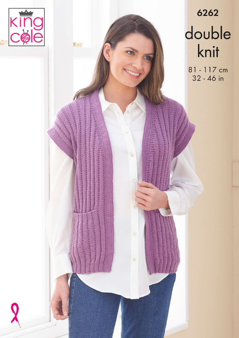 King Cole 6262 Double Knitting Pattern - DK Ladies Sweater & Sleeveless Jacket (32-46in)