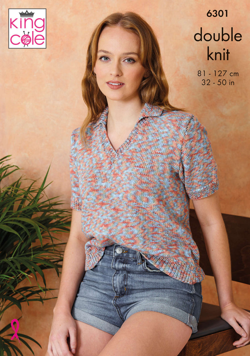 King Cole 6301 Double Knitting Pattern - Ladies Cotton DK Tops (32-50in)
