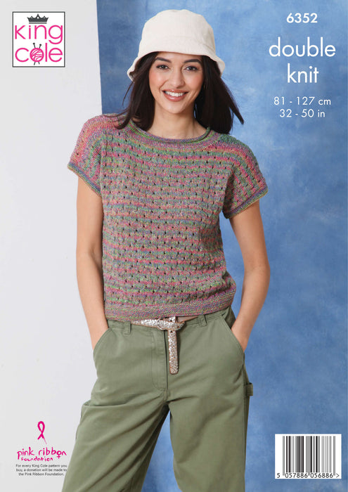King Cole 6352 Double Knitting Pattern - Ladies DK Tops (32-50in)