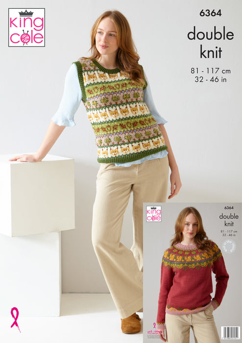 King Cole 6364 Double Knitting Pattern - DK Ladies Fair Isle Sweater and Tank Top (32-46 in)