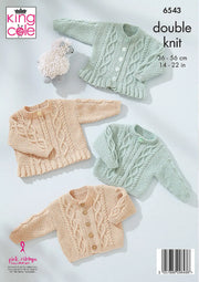 King Cole 6543 baby cardigan and sweater knitting pattern with cable stitch designs