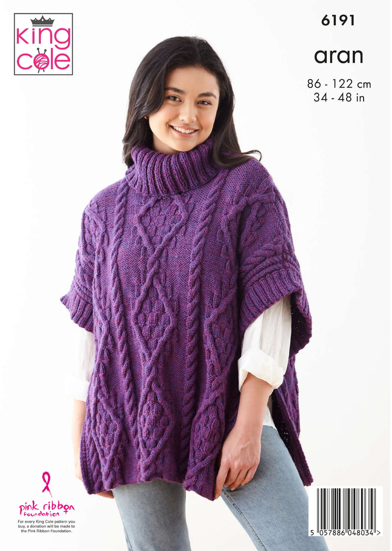 King Cole 6191 Aran Knitting Pattern - Ladies Cape, Sweater & Hat
