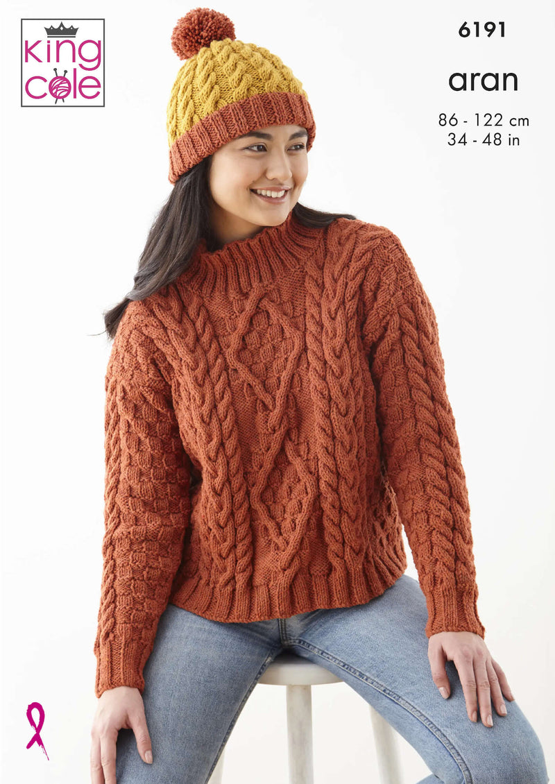 King Cole 6191 Aran Knitting Pattern - Ladies Cape, Sweater & Hat