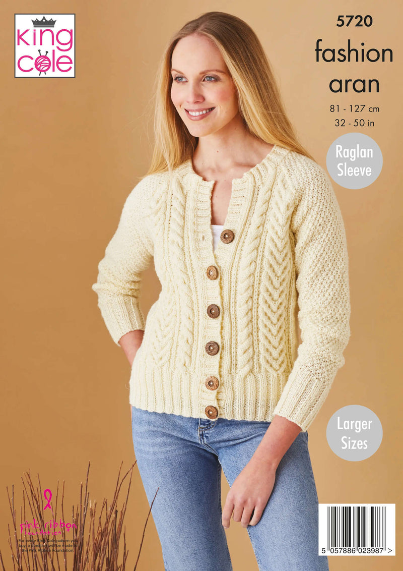 King Cole 5720 Aran Knitting Pattern - Ladies Sweater & Cardigan (32-50in)