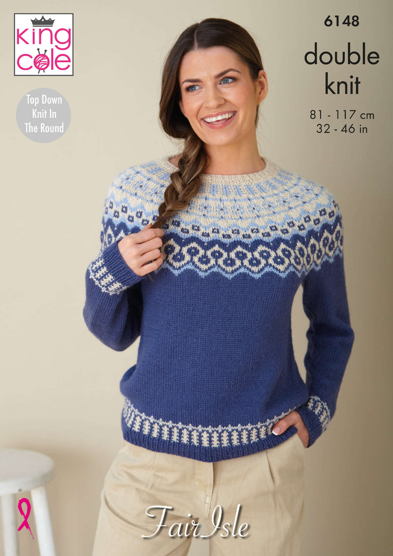 King Cole 6148 DK Knitting Pattern - Ladies Fair Isle Sweaters (32-46 in)