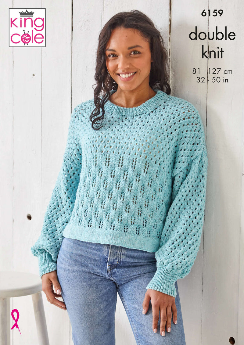 King Cole 6159 Ladies Knitting Pattern - DK Lace Sweaters (32-50in)