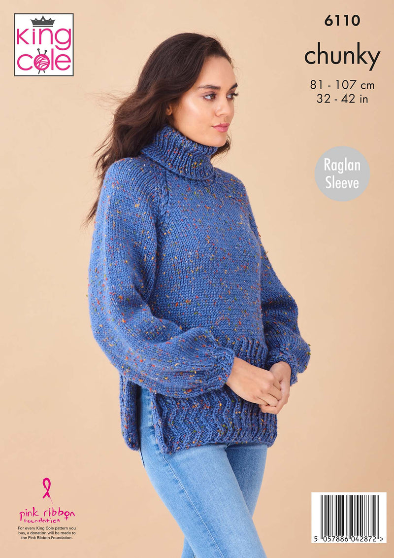 King Cole 6110 Chunky Knitting Pattern - Ladies Sweater & Cardigan (32-42in)