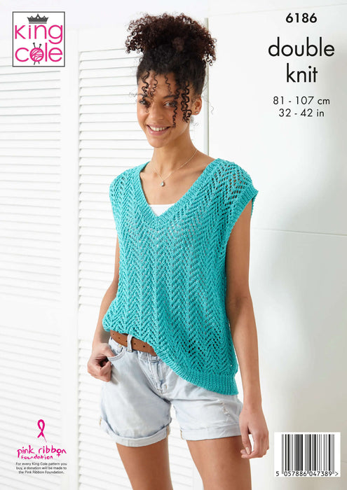 King Cole 6186 Double Knitting Pattern - Ladies DK Cotton Tank Top & Sweater