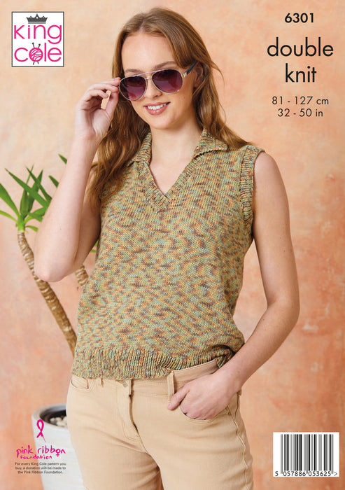 King Cole 6301 Double Knitting Pattern - Cotton DK Tops (32-50in)