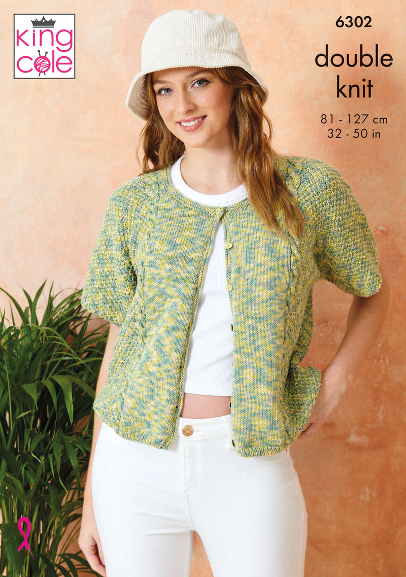King Cole 6302 Double Knitting Pattern - Ladies Cotton DK Cardigans (32-50in)