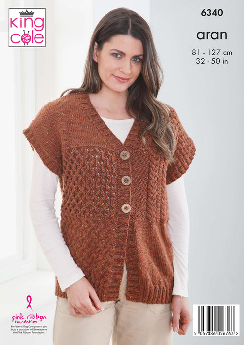 King Cole 6340 Aran Knitting Pattern - Ladies Cardigan & Waistcoat