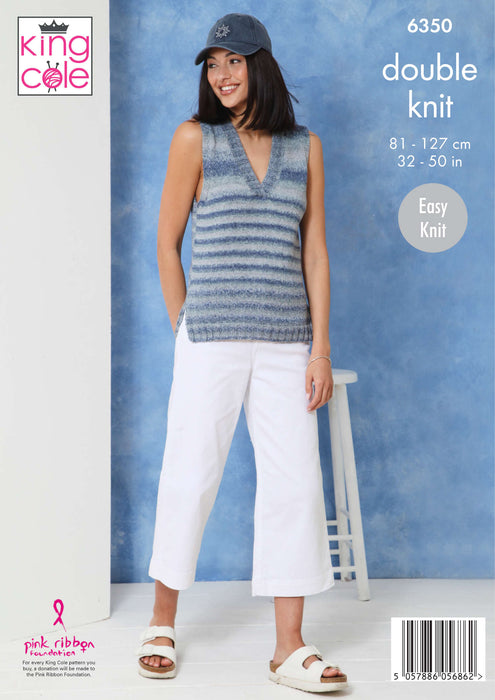 King Cole 6350 Double Knitting Pattern - Ladies DK Round and V Neck Tops (32-50in)