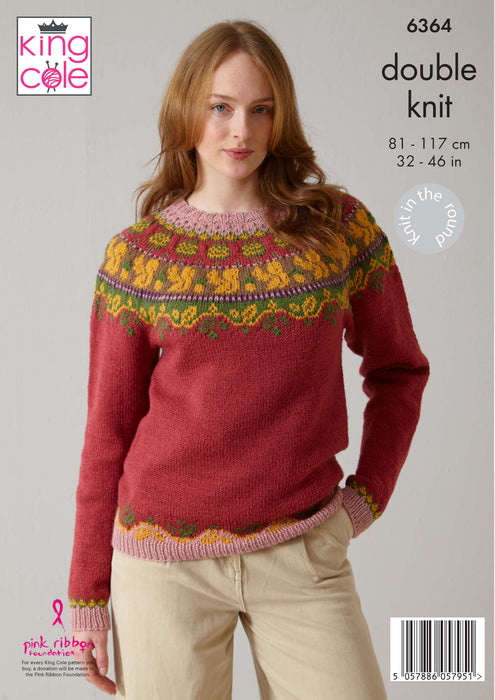 King Cole 6364 Double Knitting Pattern - DK Ladies Fair Isle Sweater and Tank Top (32-46 in)