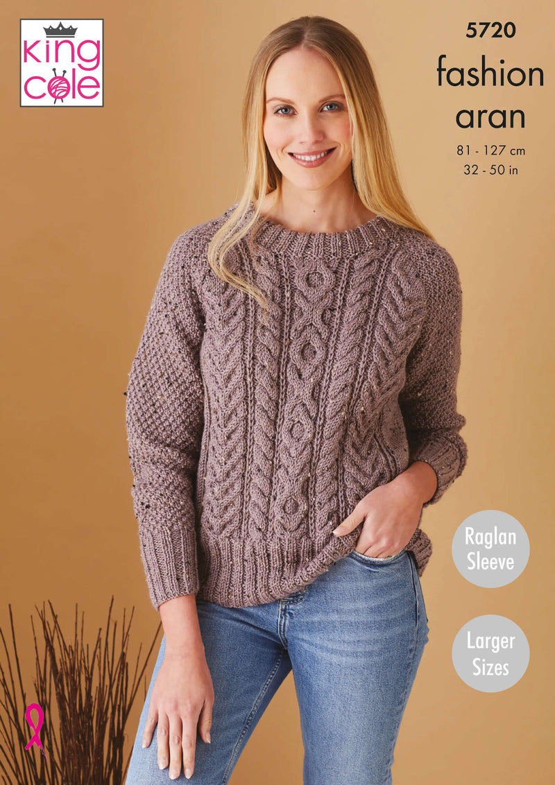 King Cole 5720 Aran Knitting Pattern - Ladies Sweater & Cardigan (32-50in)
