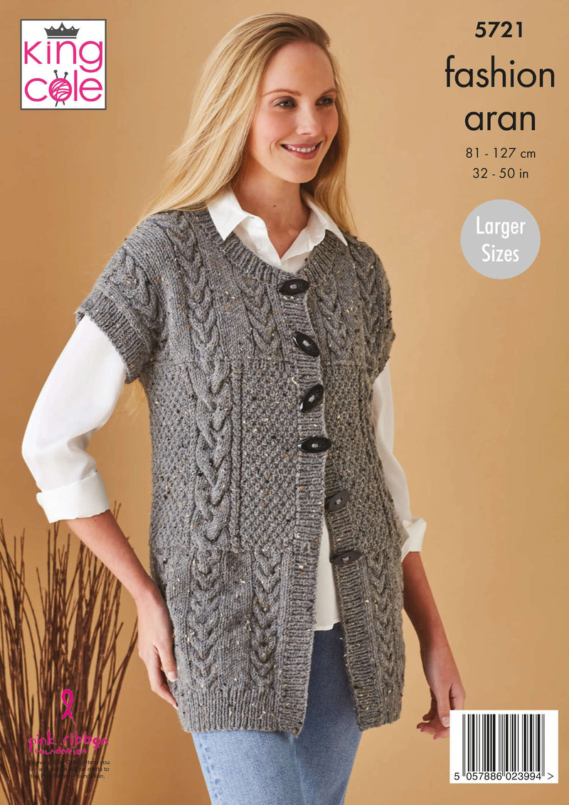 King Cole 5721 Aran Knitting Pattern - Ladies Waistcoat & Jacket (32-50)
