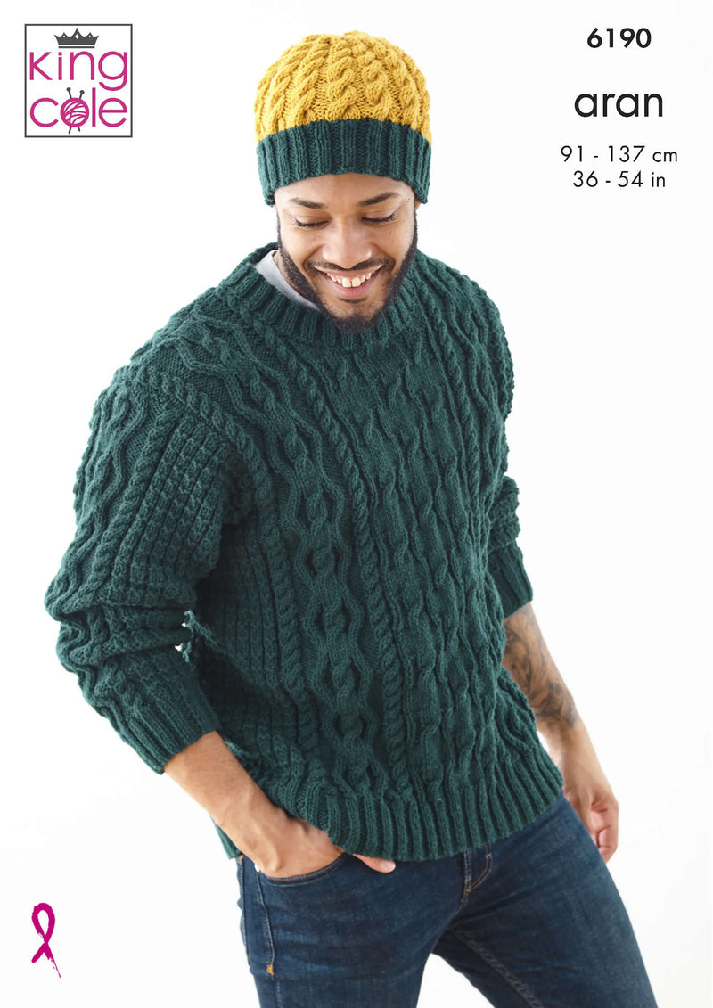 King Cole 6190 Aran Knitting Pattern - Men's Sweater, Slipover & Hat