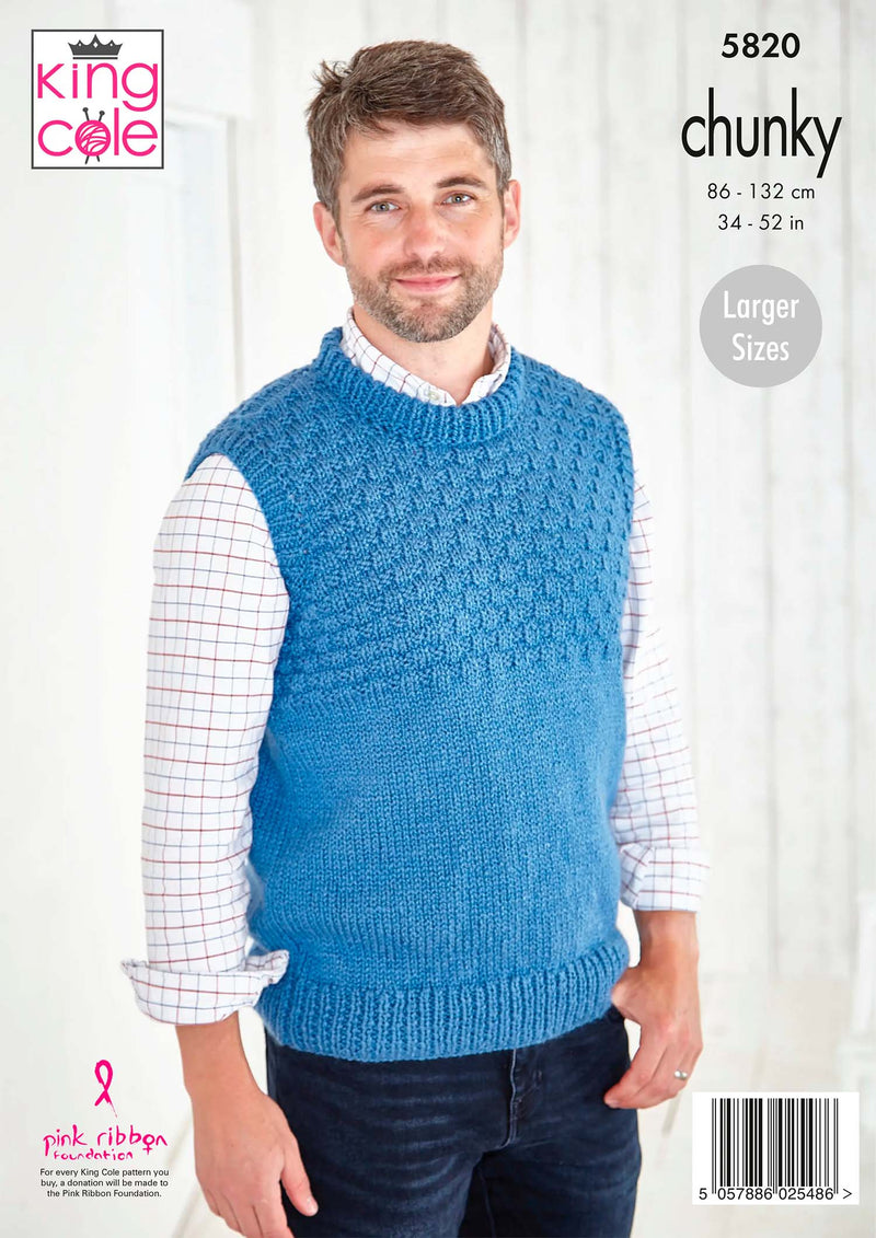King Cole 5820 Chunky Knitting Pattern for Men - Sweater and Slipover (34-52in)