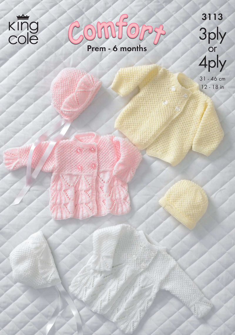 King Cole 3113 Baby Knitting Pattern - 3Ply or 4Ply Jacket, Coat, Bonnet & Hat (Prem - 6mnths)