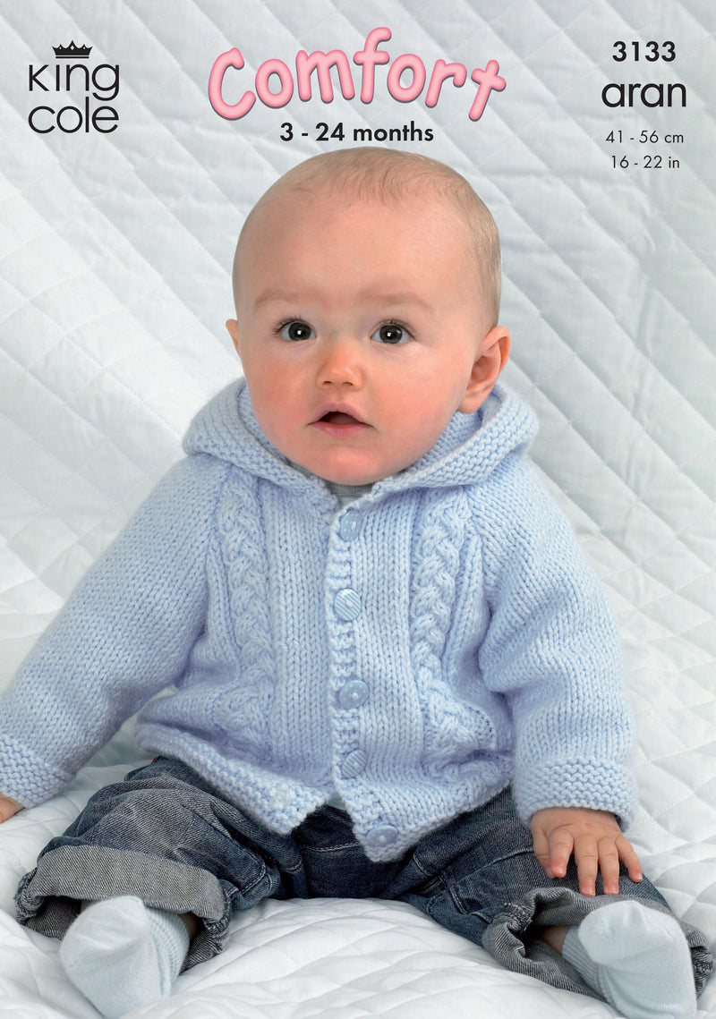 King Cole 3133 Aran Knitting Pattern Baby Jackets with Hood or Collar (16-22in)
