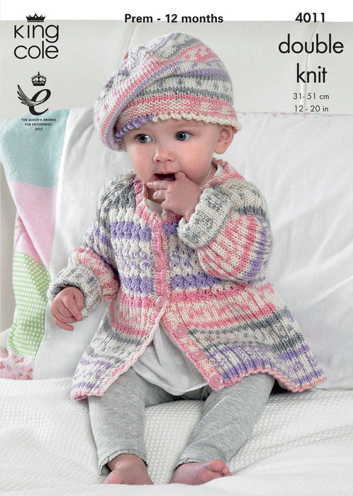 King Cole 4011 Double Knitting Pattern - Baby Top, Cardigan, Leggings, Hat, Beret, Mittens (Prem to 12mnths)
