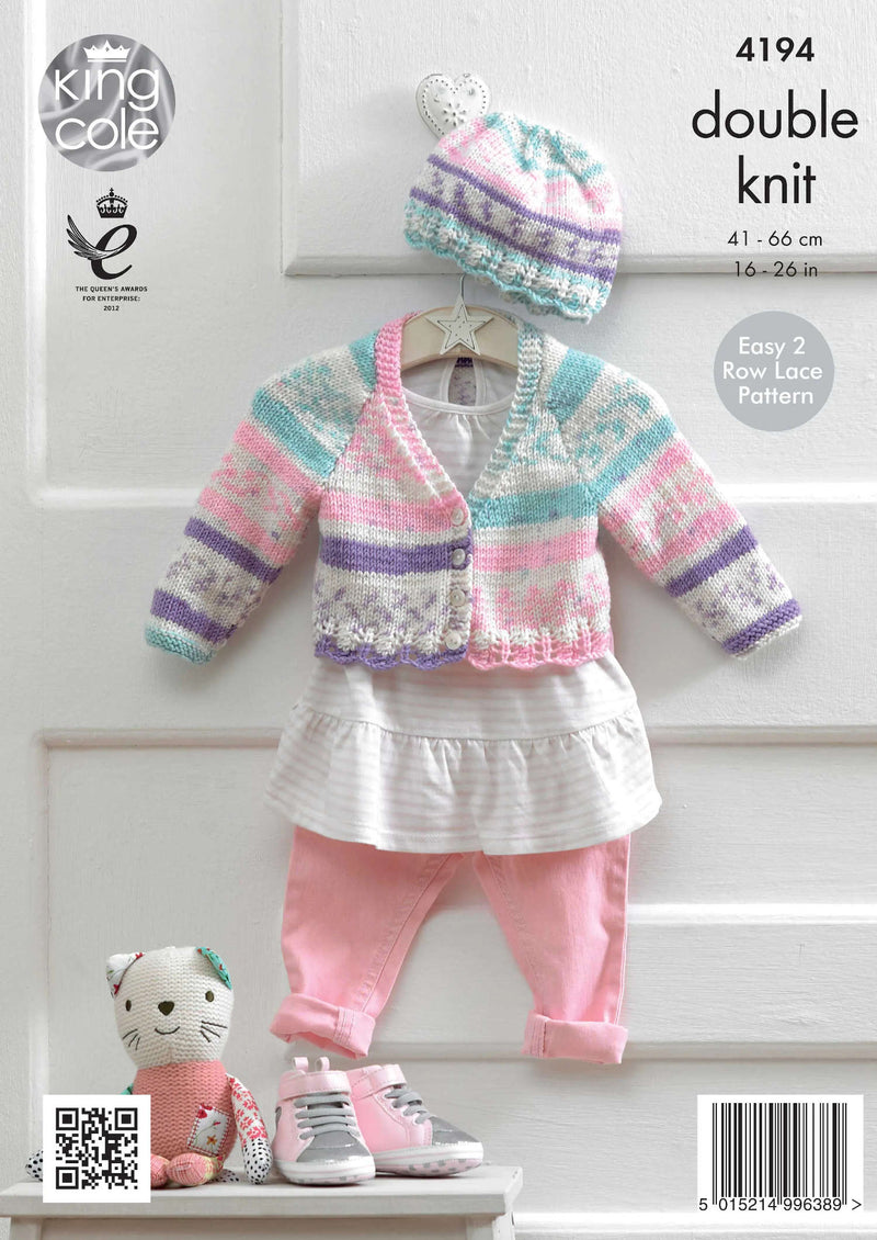 King Cole 4194 DK Knitting Pattern - Baby Cardigans & Hat - Easy Lace (16-26in)